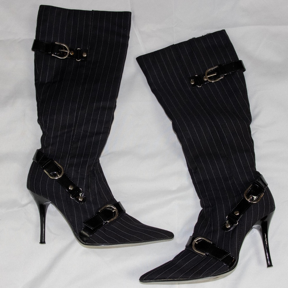 Black Pinstripe Video Vixen Knee High Heel Boots - 8.5W